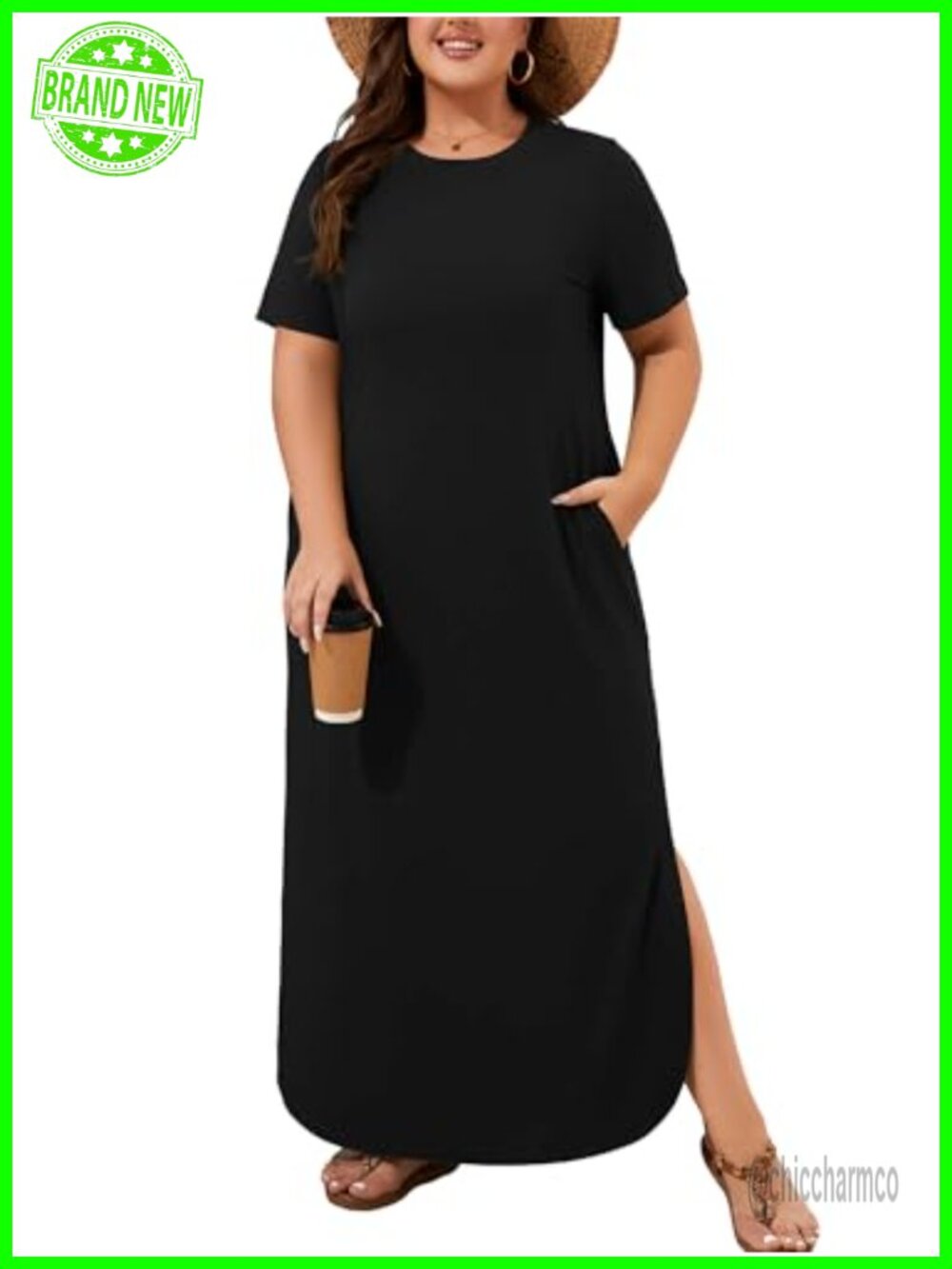 Plus Size Maxi Dress with Pockets Crew Neck Short Sleeve Flowy Beach Sundress